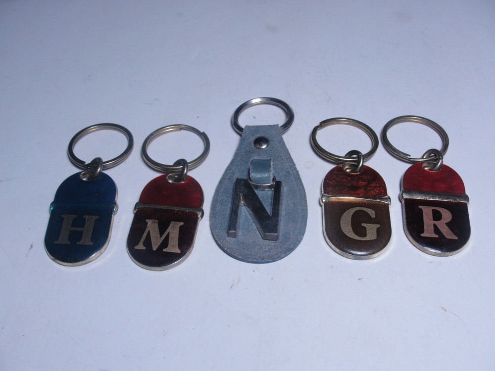 (5) Vintage Keychains Letters G, H, N, M, & R