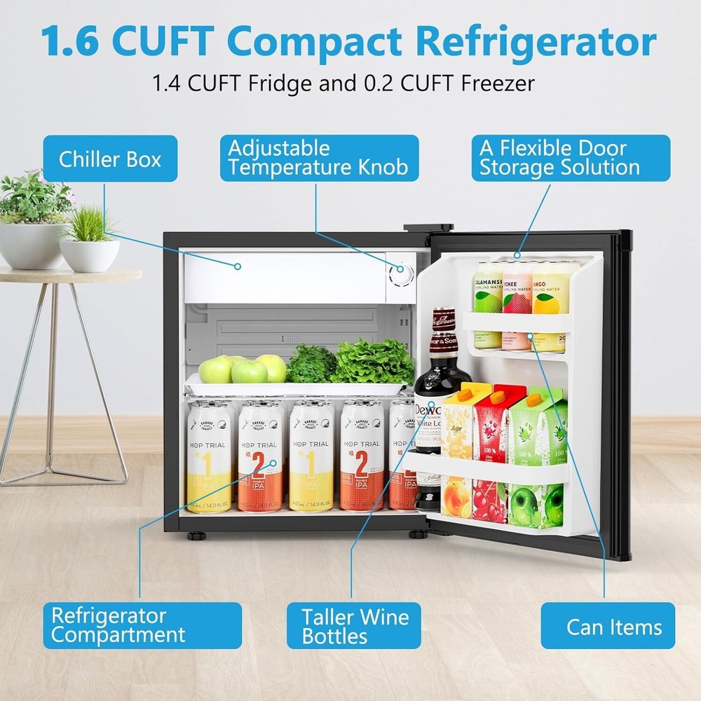 1.6 Cu.ft Mini Fridge with Freezer, Compact Single Reversible Door Refrigerator