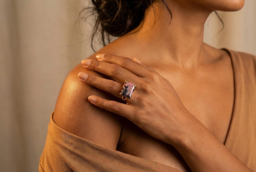 Rhodonite Rectangle Ring Anemone 14k Gold Emerald Cut Double Band