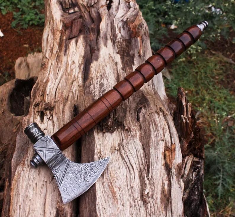 Custom Handmade Forged Damascus Blade Pipe Axe Tomahawk Hatchet Integral Axe