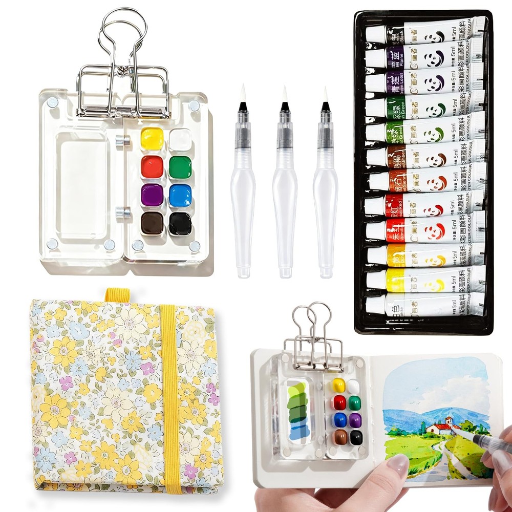 Mini Portable Watercolor Palette Set-Grid Paint Box with Binder Clips Include...