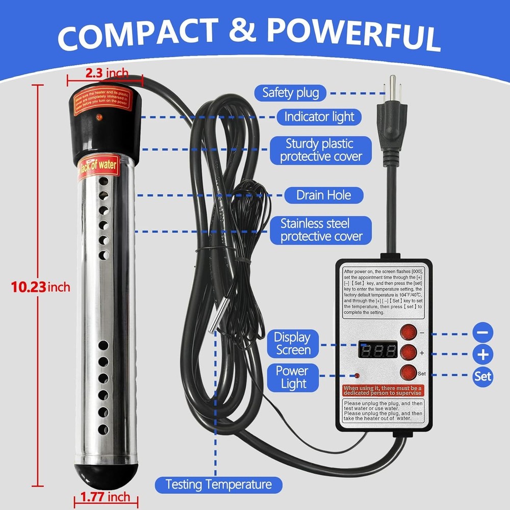 Immersion Water Heater 1500W – Portable Stainless Steel Bucket Heater with The