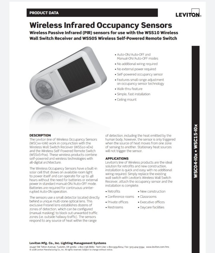 Leviton WSC15-I0W Occupancy Sensor