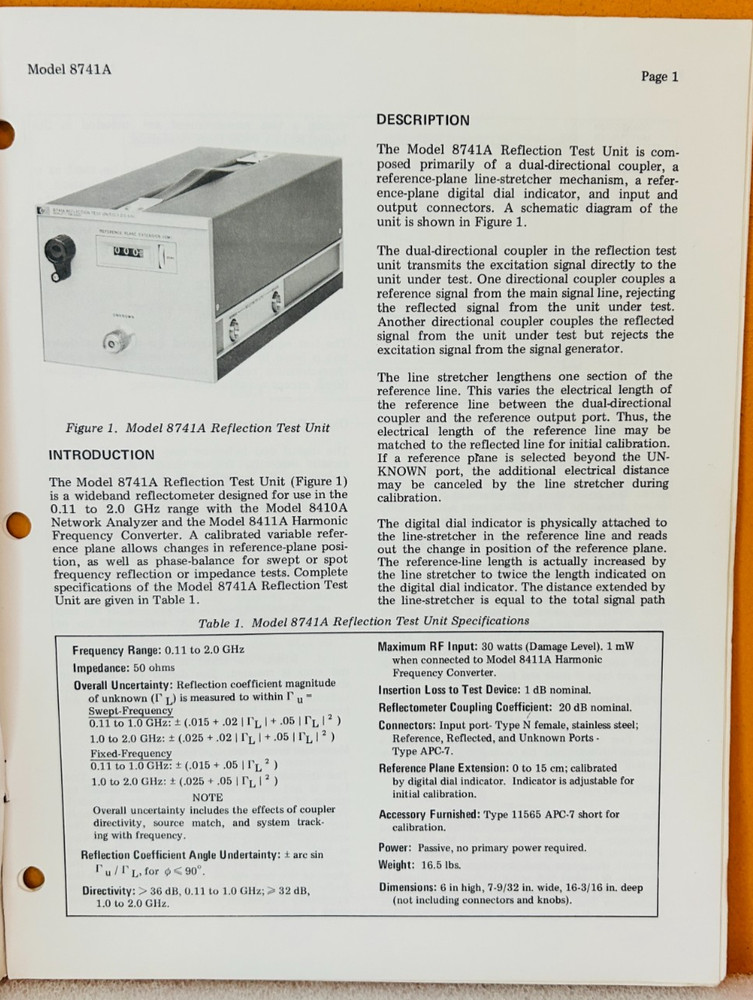 HP 08741-90006 1972 Model 8741A Reflection Test Unit Operating Note Manual.