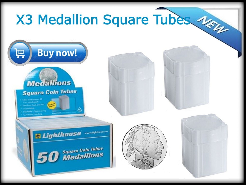 X3 Lighthouse Square Tubes Medallion /SIlver  40mm Archival Quality & Stackable