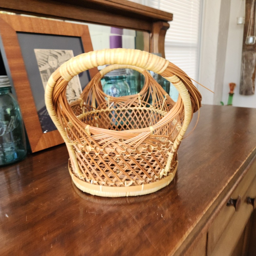 Vintage Wicker Peacock Basket Open Weave