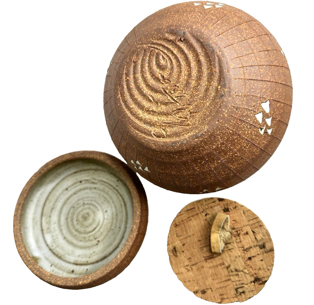 Vintage John Peterson Studio Pottery Ceramic Handle Lidded Jar with Cork Stopper
