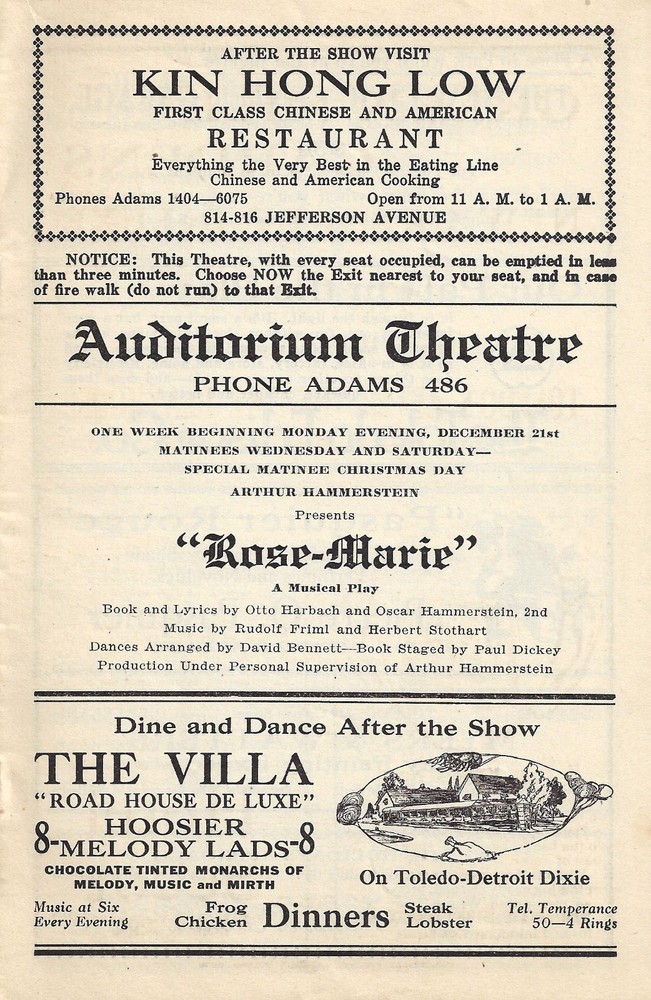 Guy Robertson "ROSE MARIE" Otto Harbach / Hammerstein 1925 Toldeo, Ohio Program