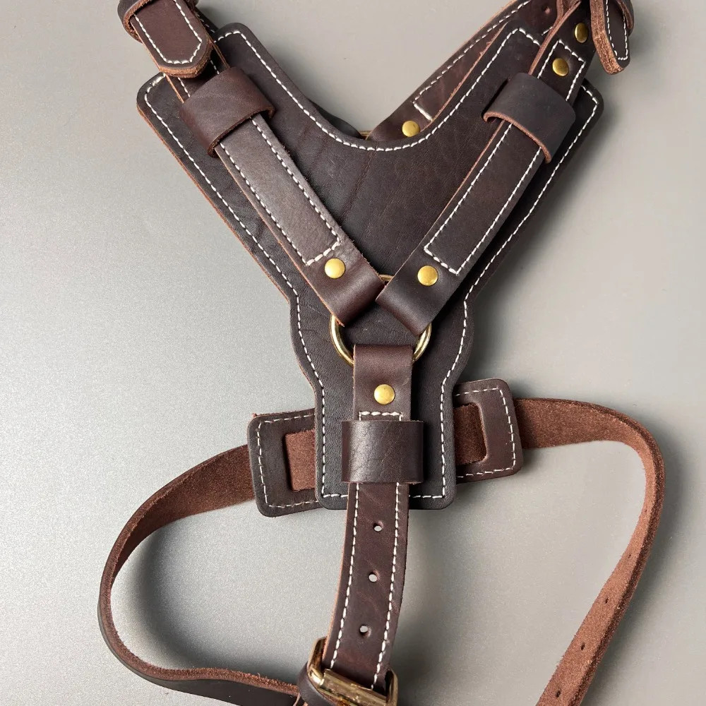 Genuine Leather Y-Shaped Dog Harness Adjustable Neck Chest Pull-Proof, Durable