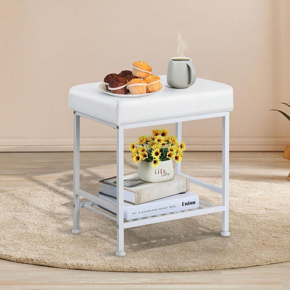 Storage Vanity Stool - Adjustable Square Ottoman With Leather, White