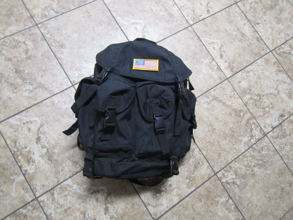 TACTICAL BLACK BACKPACK WITH HOOK LOOP US FLAG SNAP AND TIES