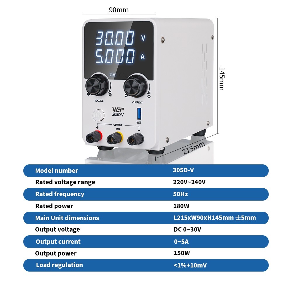 DC Power Supply Adjustable 0-30V 5A Lab Variable Bench Switching High Precision