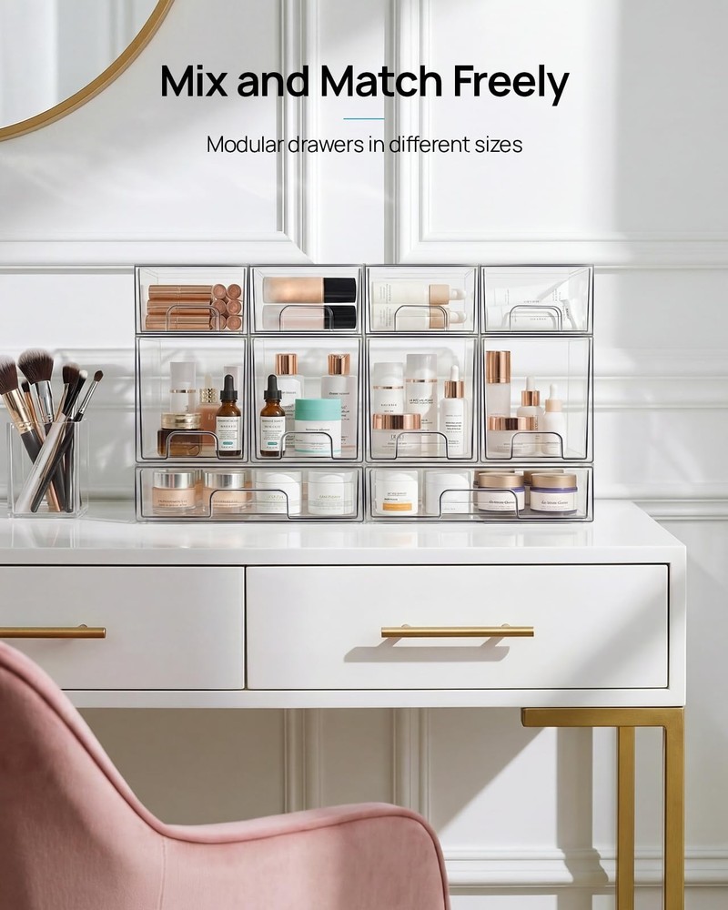 4 Pack Small Clear Stackable Storage Drawers,Acrylic Bathroom Makeup Organize...