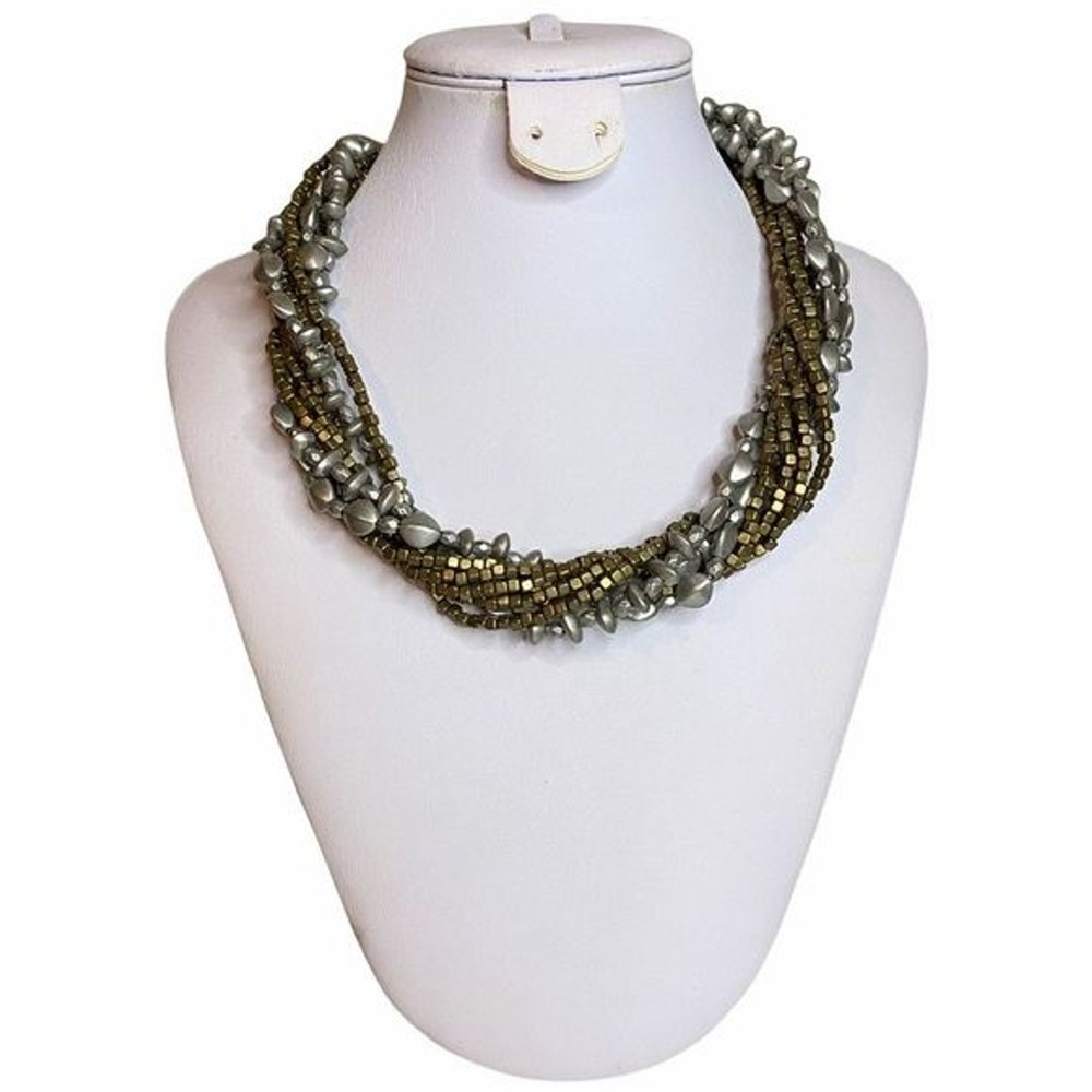 PREMIER DESIGNS Gray + Green? 9 Strands Beaded Statement Matte Silver Necklace