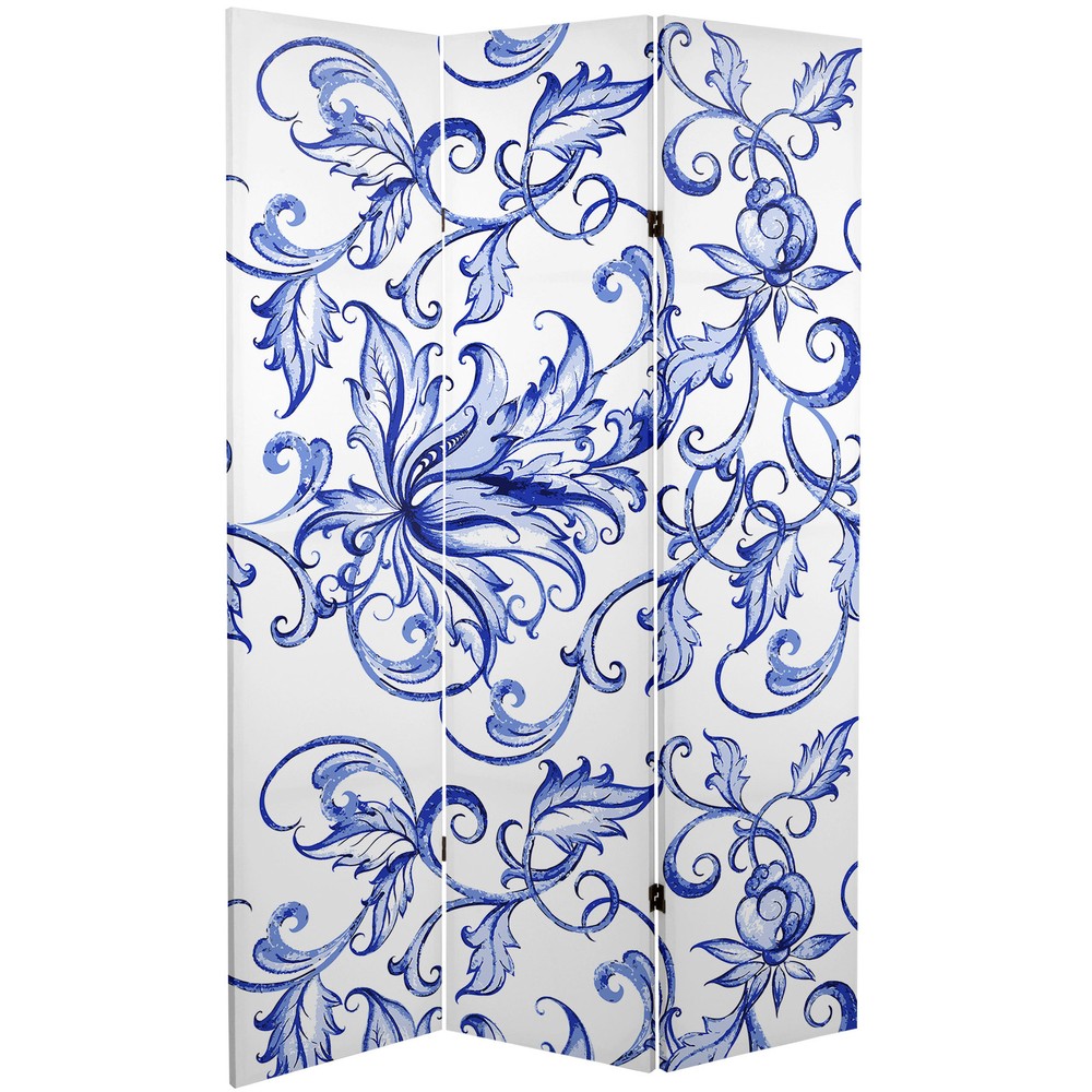 6 ft. Tall Double Sided Blue Filigree Canvas Room Divider