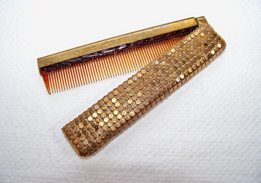 Unique Vintage Whiting & Davis Style Gold-tone Mesh Pocket Purse Folding Comb