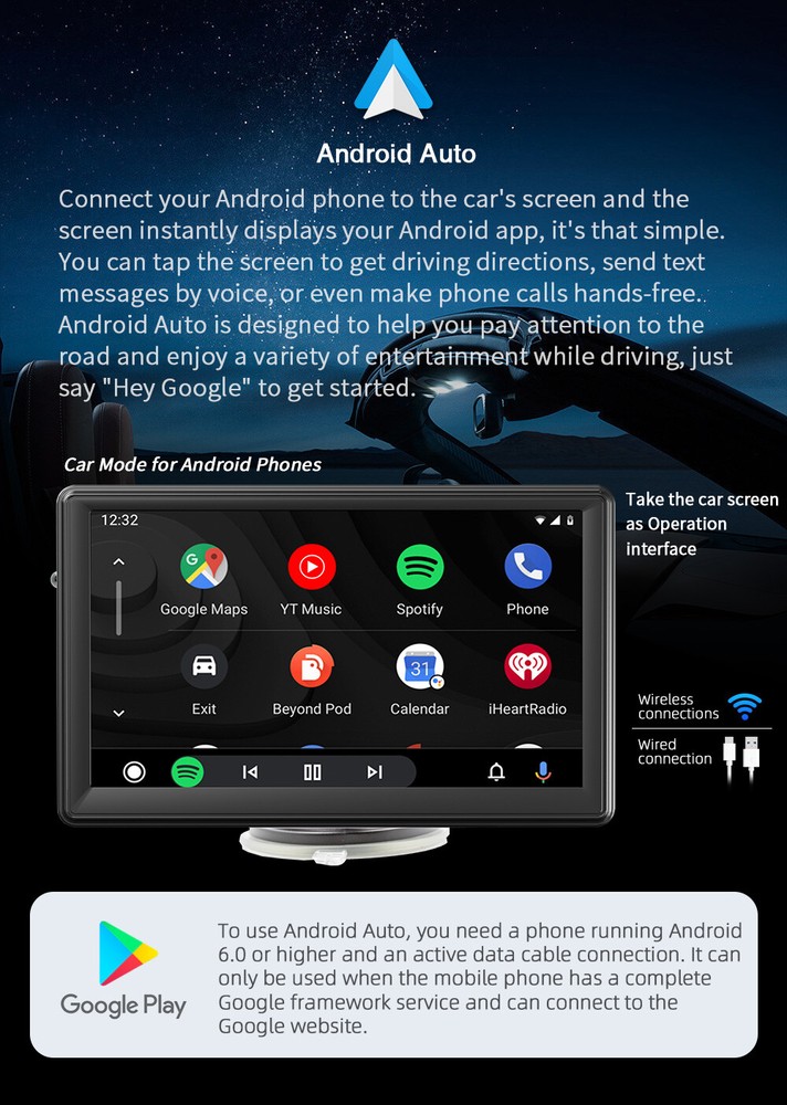 Portable Carplay Touch Screen WiFi iPhone Android Auto GPS Music Player+Remote