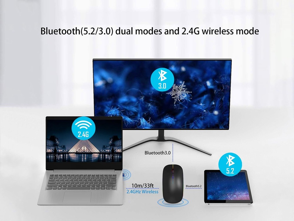 Wireless Bluetooth Mouse Rechargeable Laptop Mice with LED Use Portable