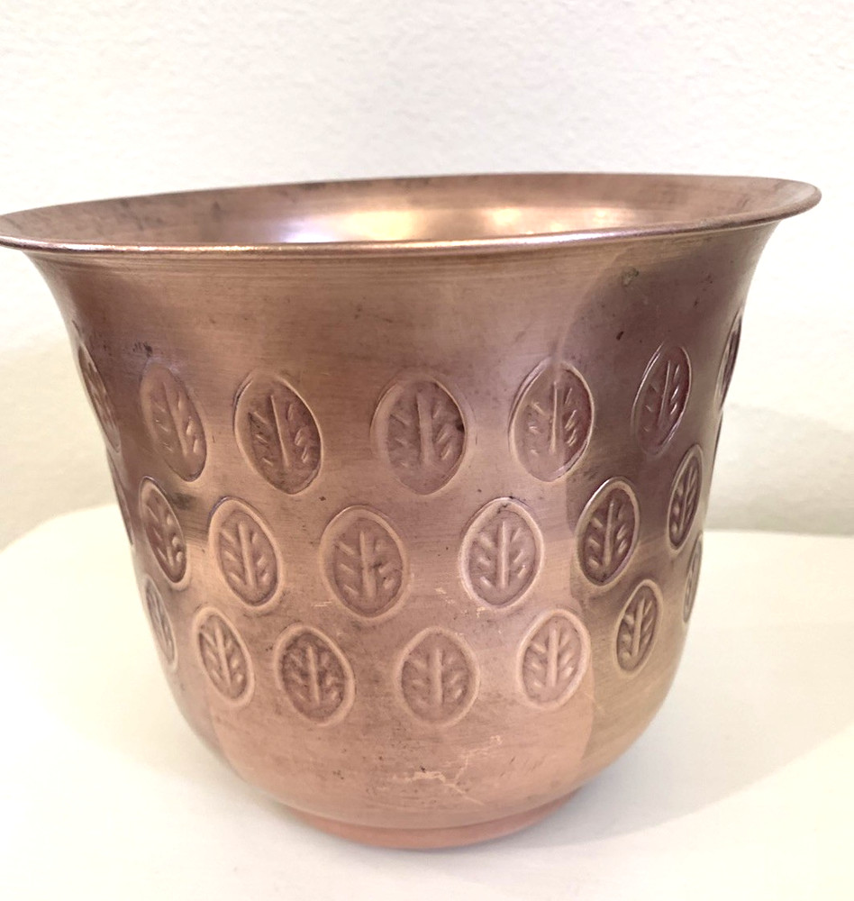 Antique Solid Copper Flower Planter With Stamped Leaf Design 6”