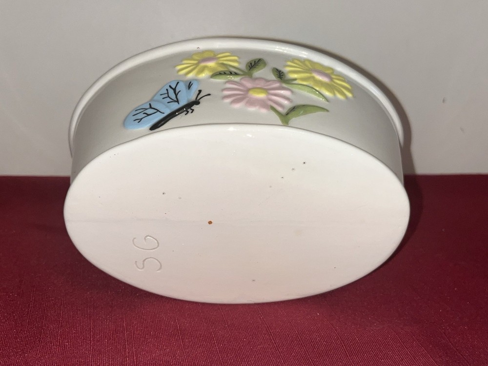 BLUE BUTTERFLY & YELLOW FLORAL OVAL CERAMIC LIDDED BATHROOM HOLDER ACCESSORY EUC