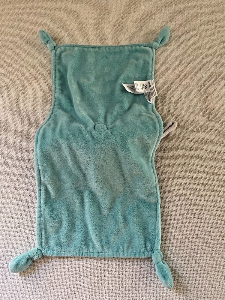 Carters Plush Elephant Lovey Security Blanket Rattle Blue Rectangle Knotted
