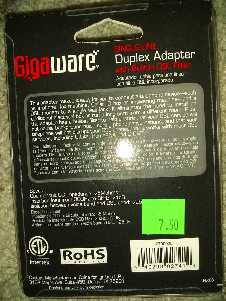 Gigaware DSL Filter Single Line (2)/ Duplex Adapter with Built-in DSL Filter (1)