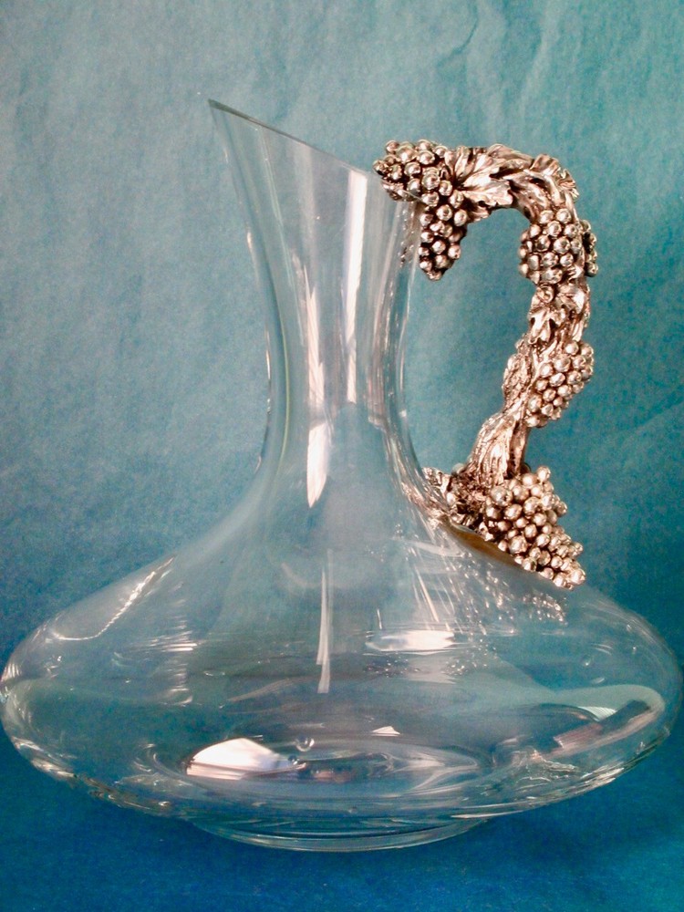 Wine Decanter Sterling Silver Grape Vine Handle Hand Blown Art Glass, Signed