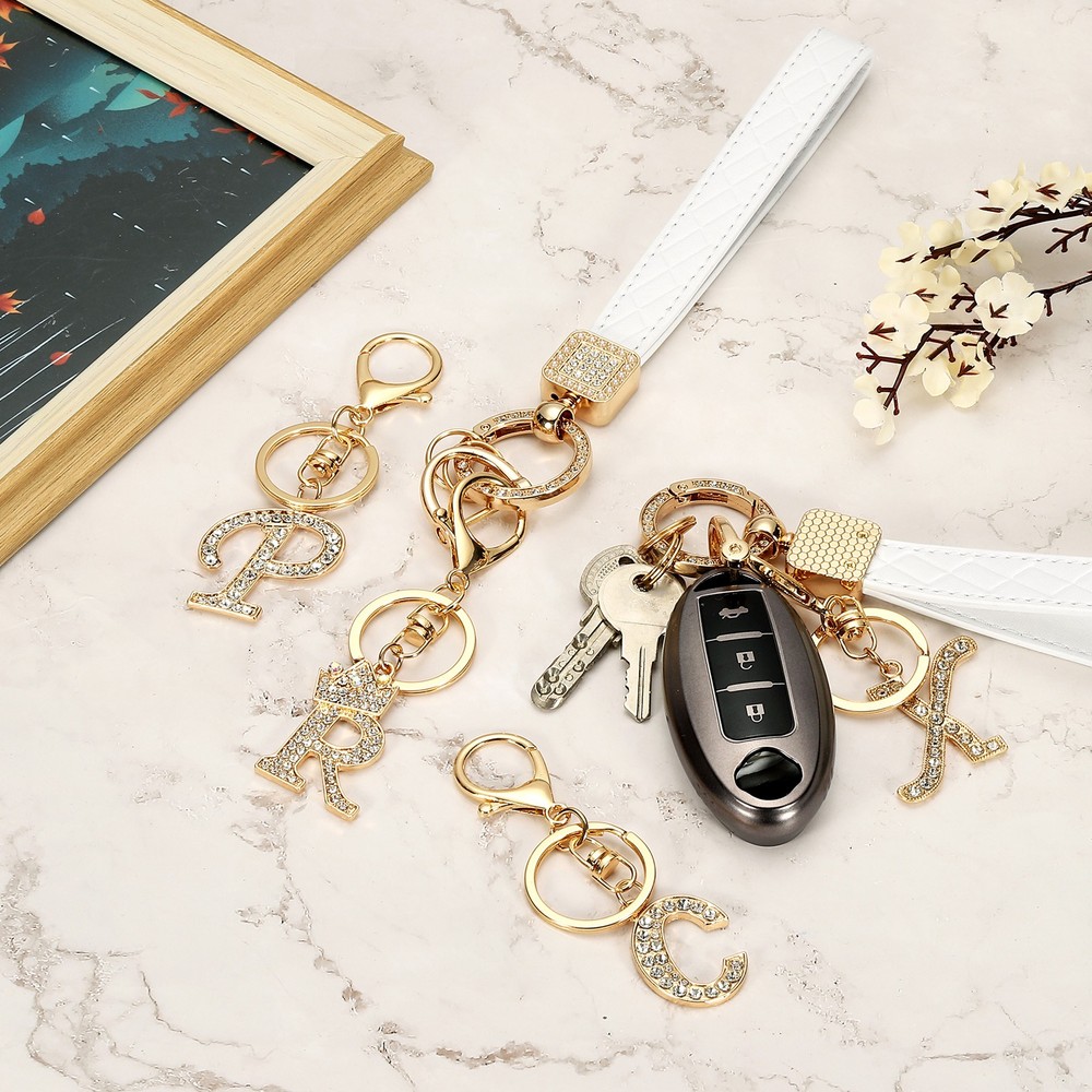 Leather Wristlet Keychain, Crown Design Letter R Keychains