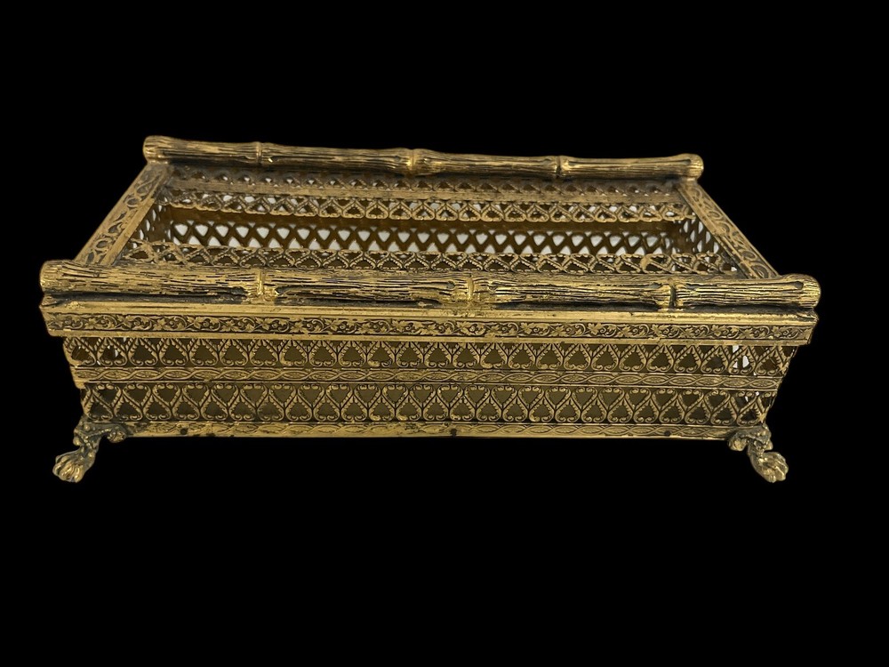 Hollywood Regency Solid Brass Bamboo Tissue Box Holder VTG 1960’s Ornate Footed