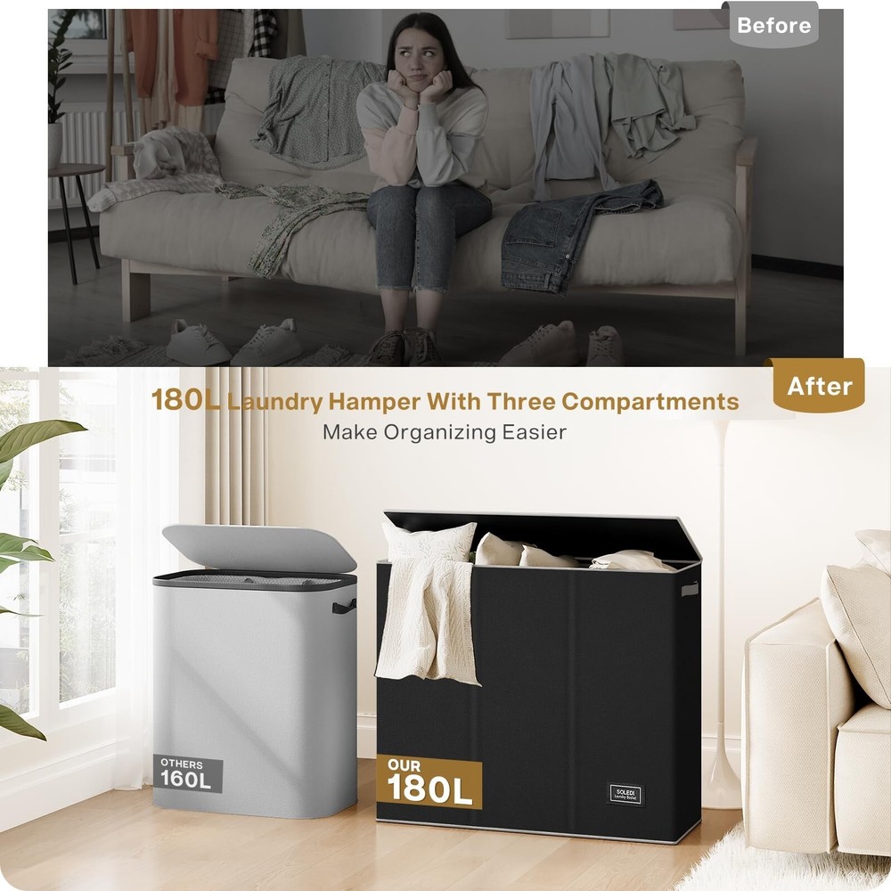 SOLEDI 180L Laundry Hamper 3 Section, Extra Large Laundry Hamper with Lid, Di...