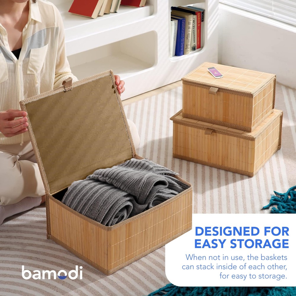 Bamboo Decorative Storage Boxes With Lids - Nesting Rectangular Lidded Box fo...