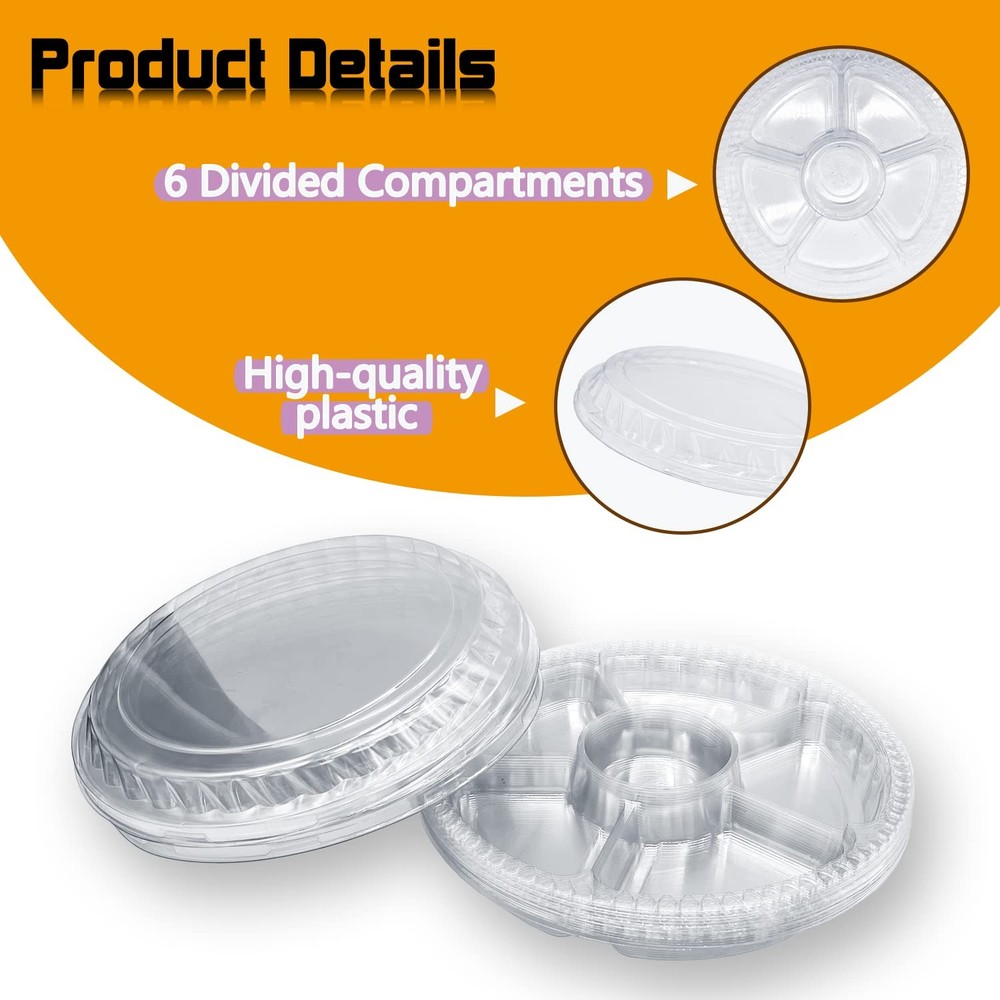 Tiaiidi 12-Pack Plastic Appetizer Trays with Lids, 6-Compartment Serving