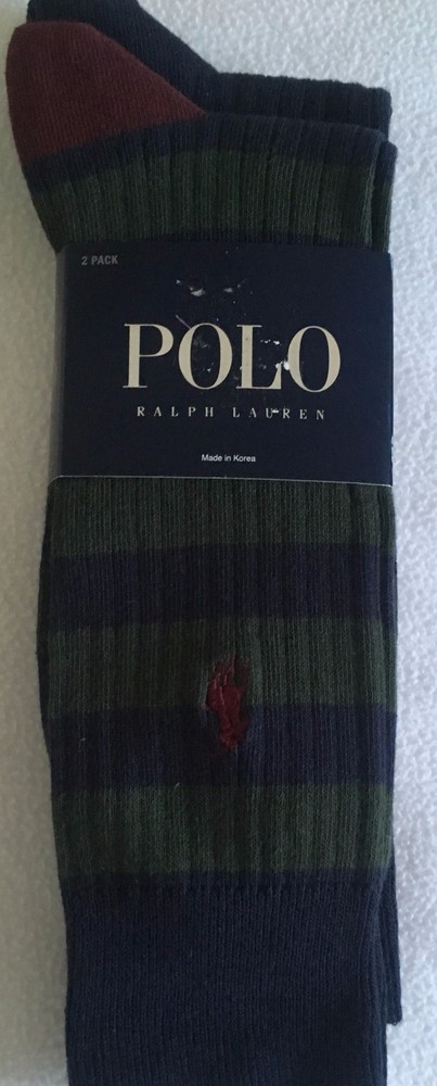 Ralph Lauren Polo 2-Pack Socks Navy Blue/Green Striped & Solid Navy Blue NWT