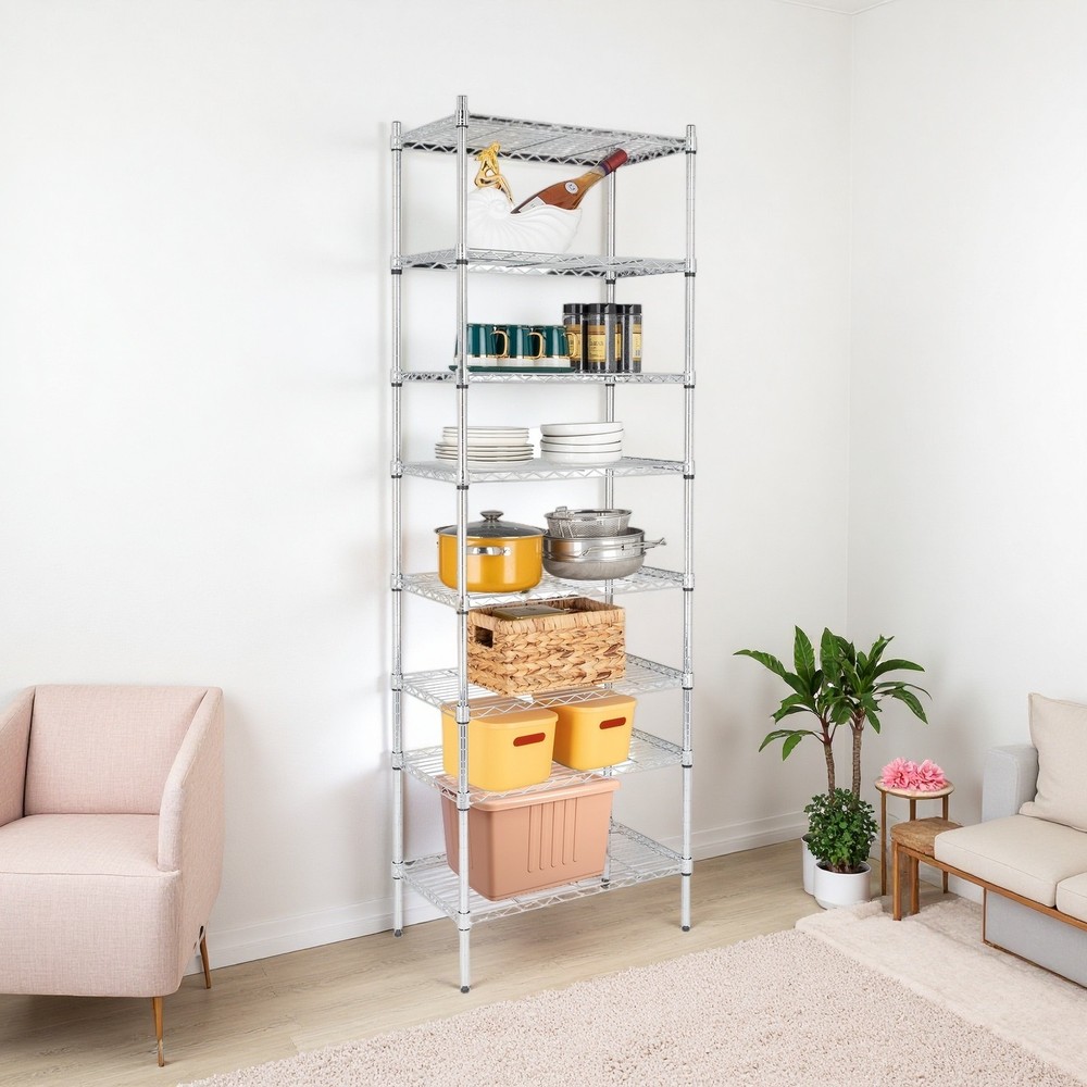 8-Tier Wire Shelving Unit - Heavy Duty, Adjustable, Silver, Modular Kitchen Rack