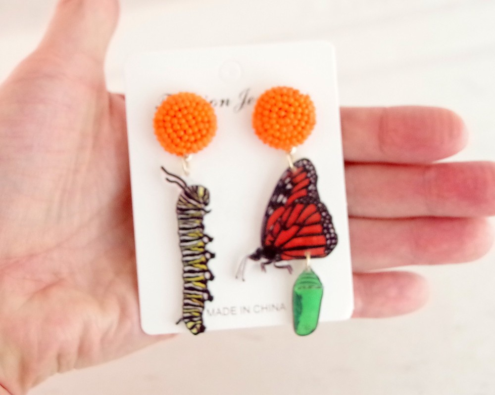2.75" ASYMMETRICAL MONARCH BUTTERFLY CATERPILLAR COCOON DANGLE ACRYLIC EARRINGS