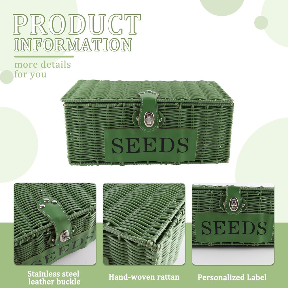 Seed Storage Organizer, 4 Compartment Seed Box with Safety Lock, Poly Wicker Bas