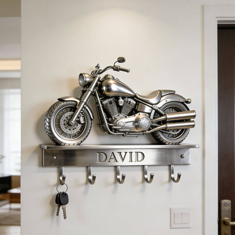 Custom Name Motorcycle Key Holder Wall Hook Rack Rustic Garage Decor 2D Flat
