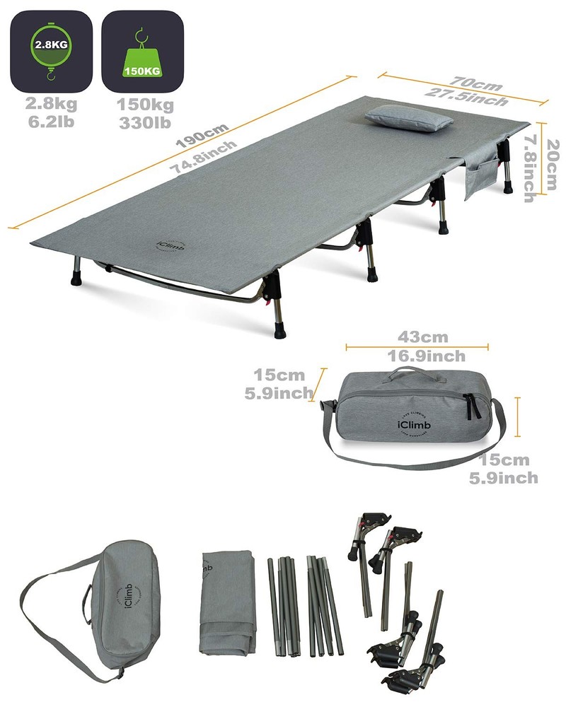 Super Easy Assemble Folding Cot Ultralight Compact Heavy Duty with Carry Bag ...