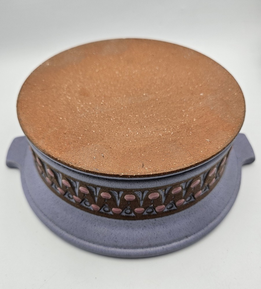 Signed Studio Pottery Dish w/ Lid ~ Unique Lavender Handled Dish & Dome Lid DWL