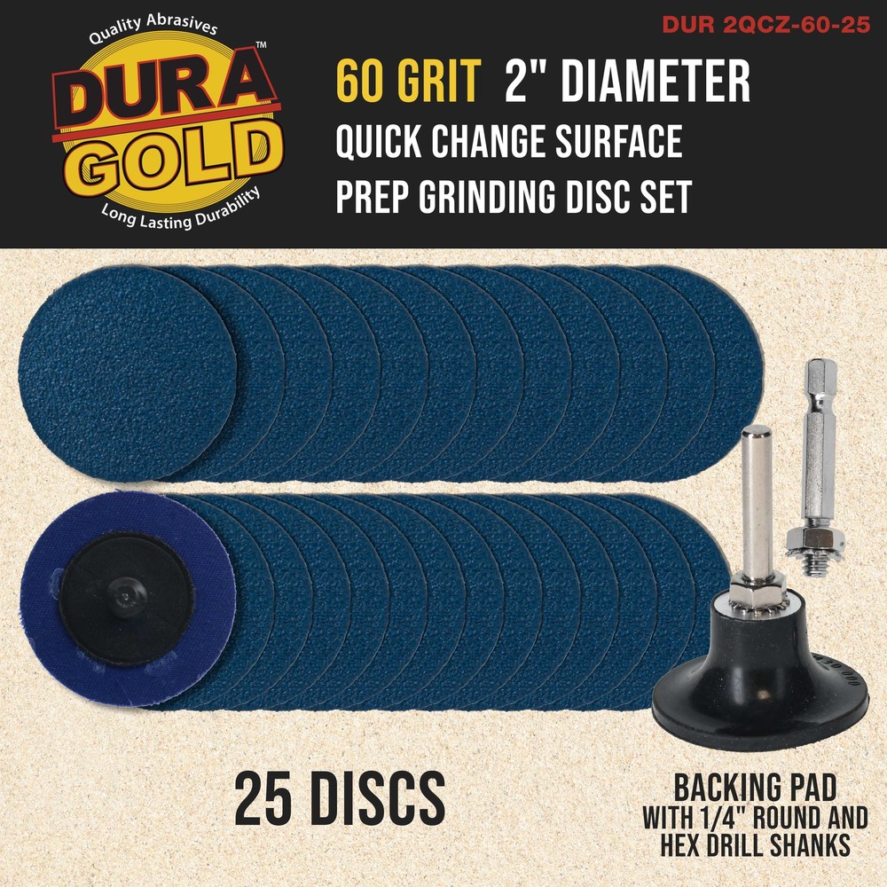 Dura-Gold 2" 60 Grit Quick Change Surface Prep Grinding Disc Set, 25 Discs, Pad