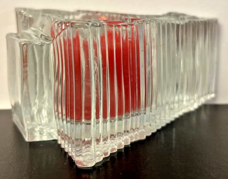 Leaded Glass 4.5" Holiday Triangular Candle Holder ~ Tree Pattern w/Red Candle