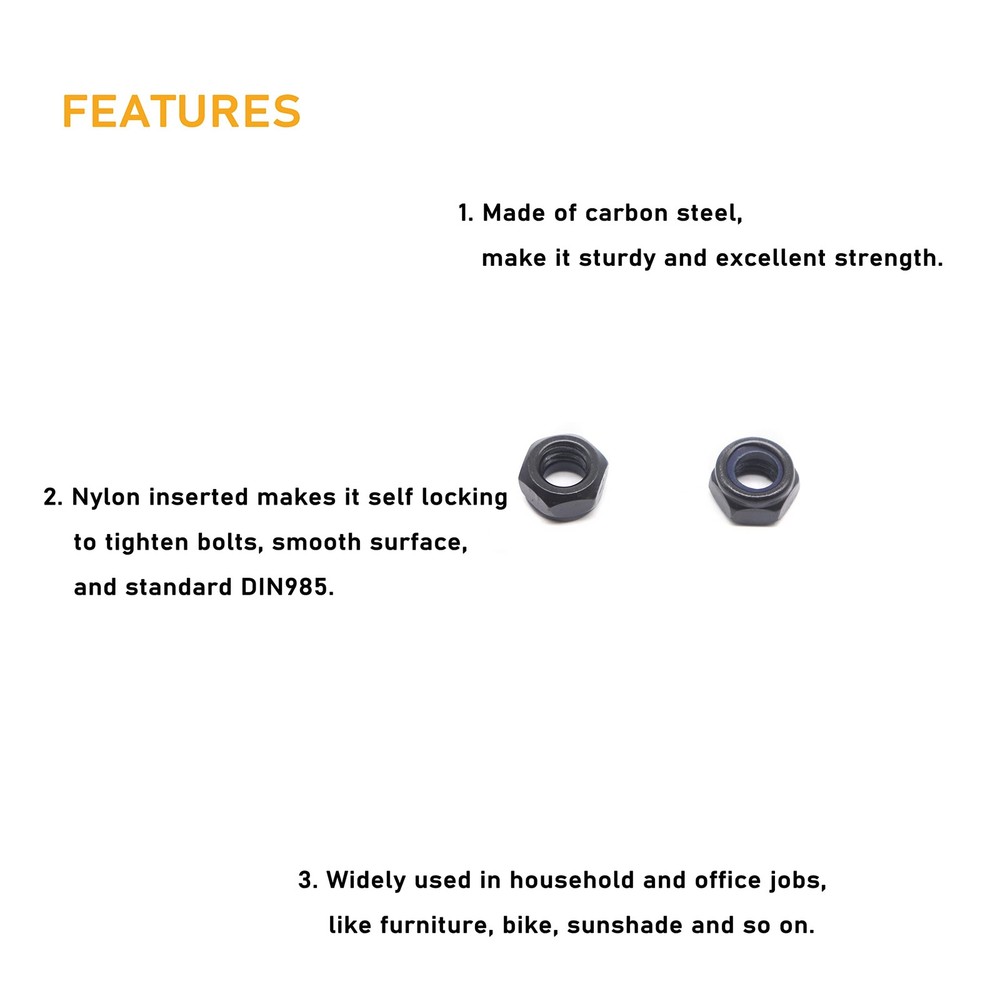 50pcs 1/4-20" Black Nylon Lock Nuts Inserted Self Locking Hex Nuts Carbon Ste...