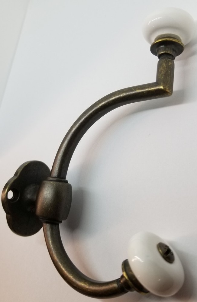 Antique Brass Double Front Mount Coat Hook Porcelain Knobs old classic vintage