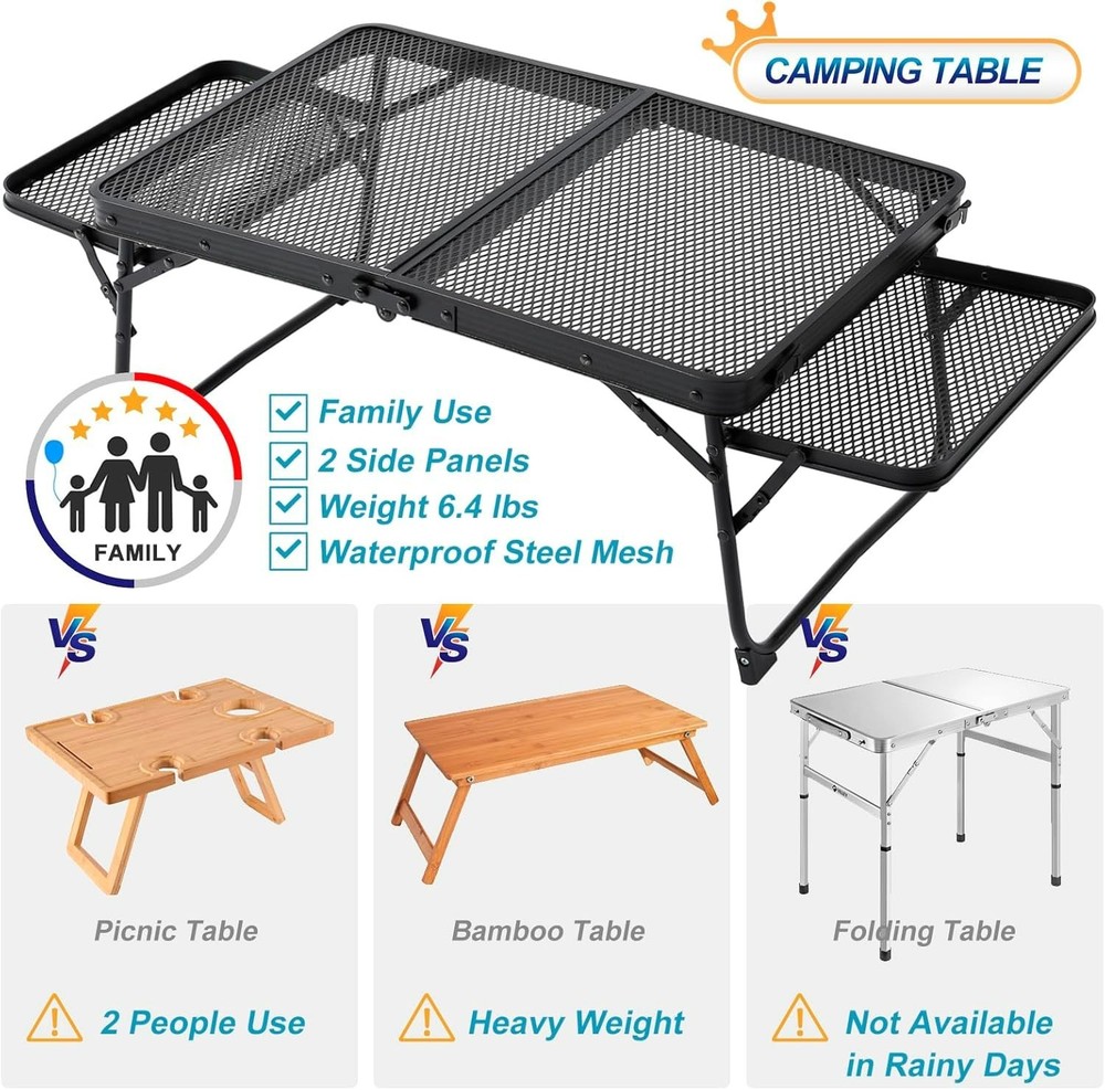 Small Low Camping Table with 2 Wing Panels, Folding Low Picnic & Outdoor Table