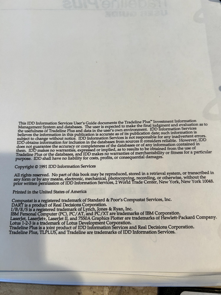 Tradeline Plus IDD Information services User's manual & software vintage