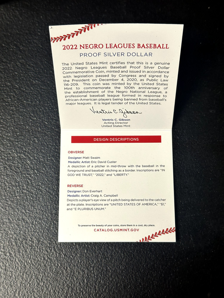 2022 negro Leagues Baseball Commemorative Coin Program Proof Silver Dollar w/CoA
