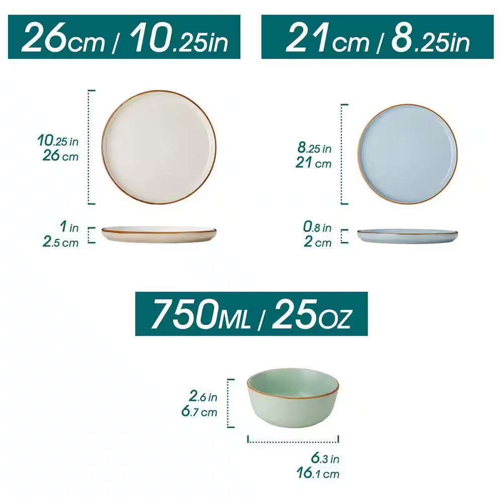 12-Piece Blue Green Beige Gray Stoneware Dinnerware Set Service for 4 Tableware