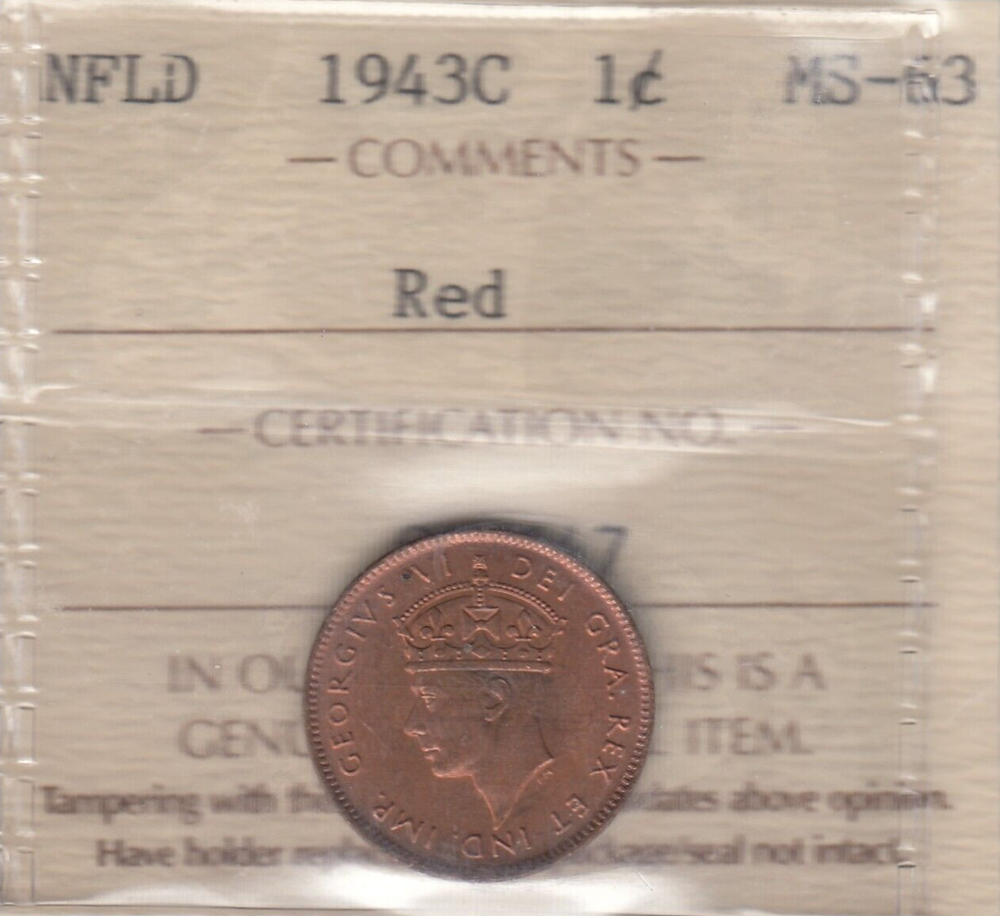 1943c Newfoundland One Cent - ICCS MS-63 Red