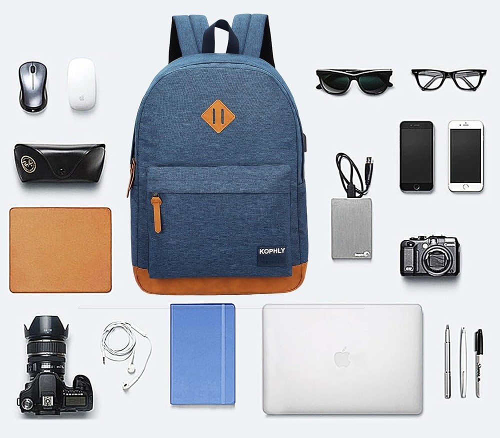 Laptop Backpack with Leather Decoration, USB Charging Port, Classic Backpack ...