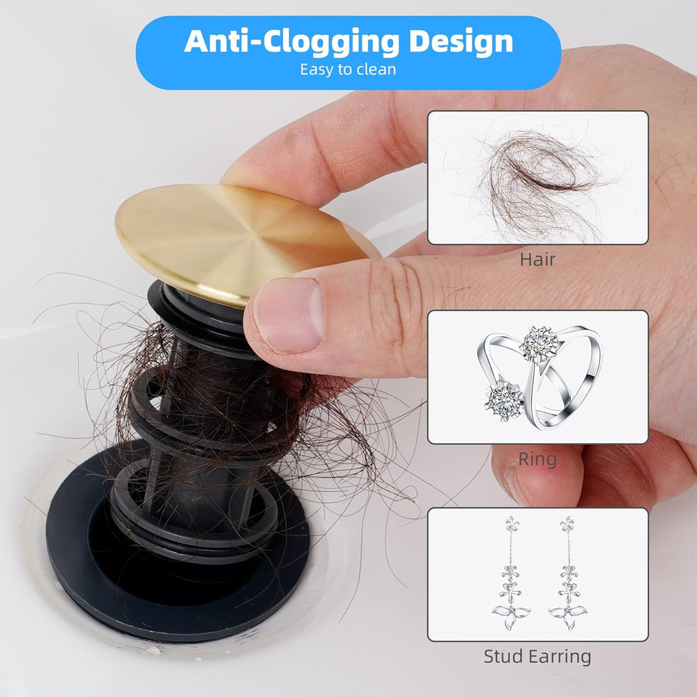 2 Pack Universal Bathroom Sink Drain Stopper, Pop up Drain Strainer with Overflo